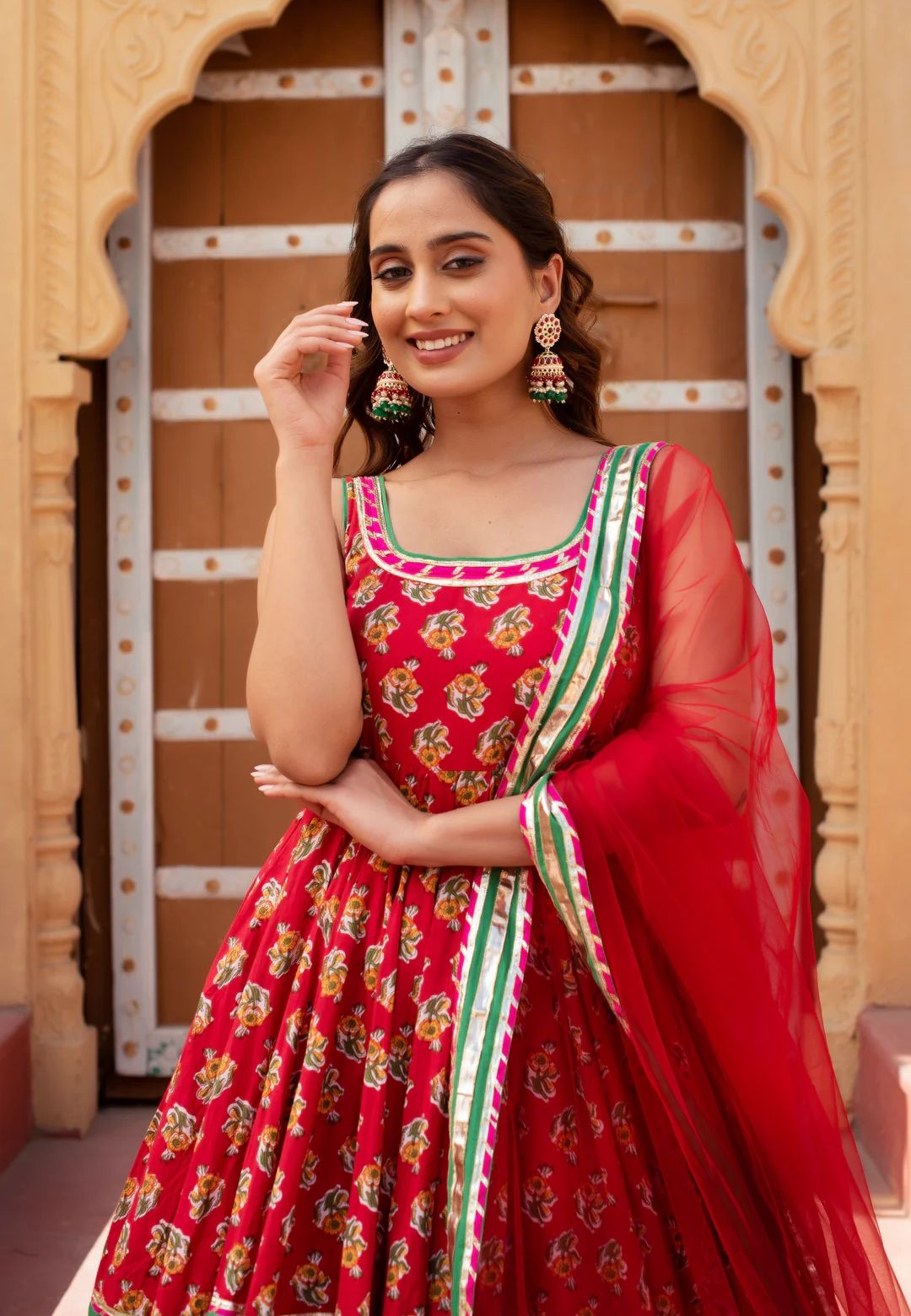 RED PARI COTTON GOTA PATTI ANARKALI SUIT SET