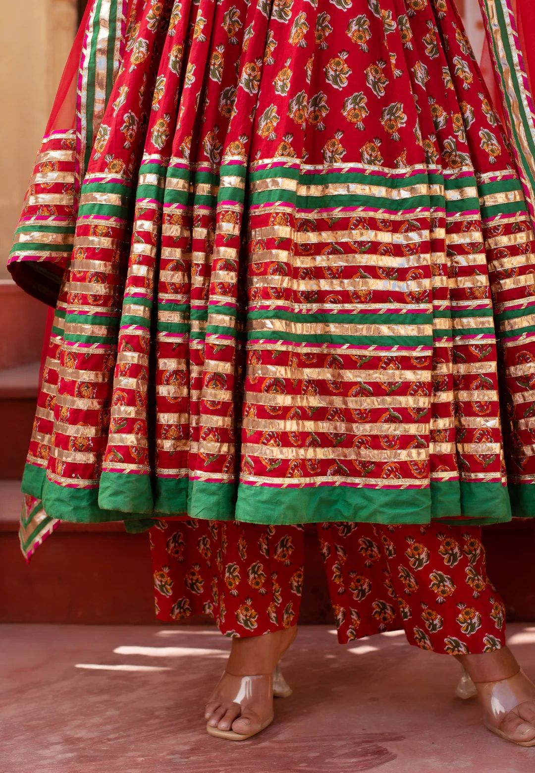 RED PARI COTTON GOTA PATTI ANARKALI SUIT SET