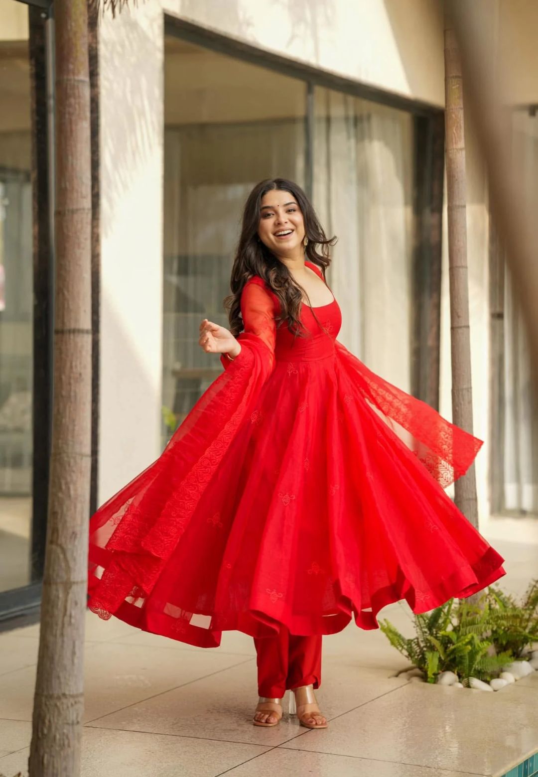 RED ORGANZA ANARKALI SUIT SET
