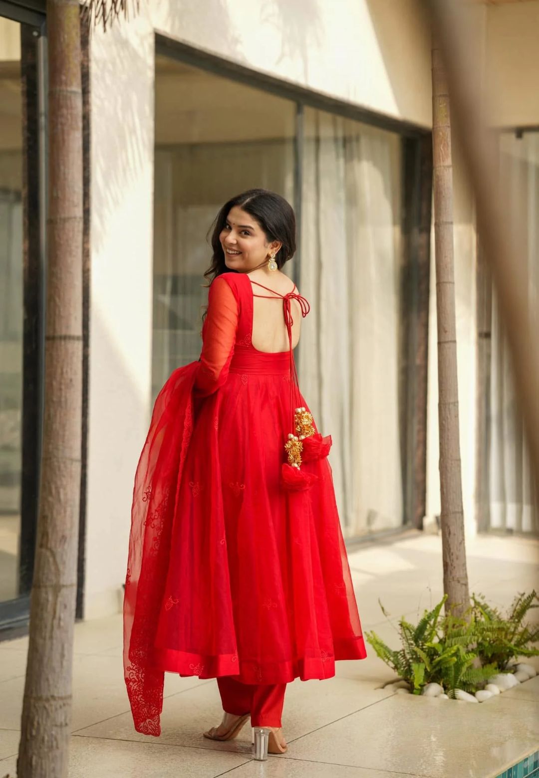 RED ORGANZA ANARKALI SUIT SET