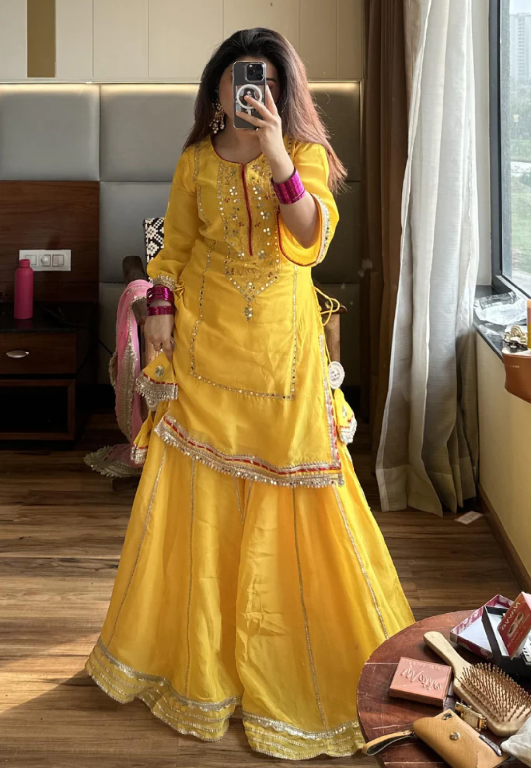 YELLOW PURE ORGANZA SHARARA SET