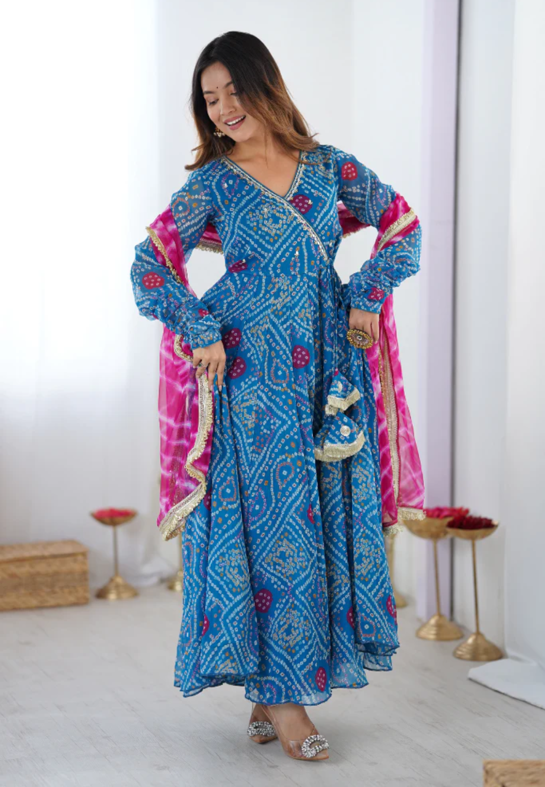 BLUE APSARA BANDHEJ CHIFFON SUIT SET