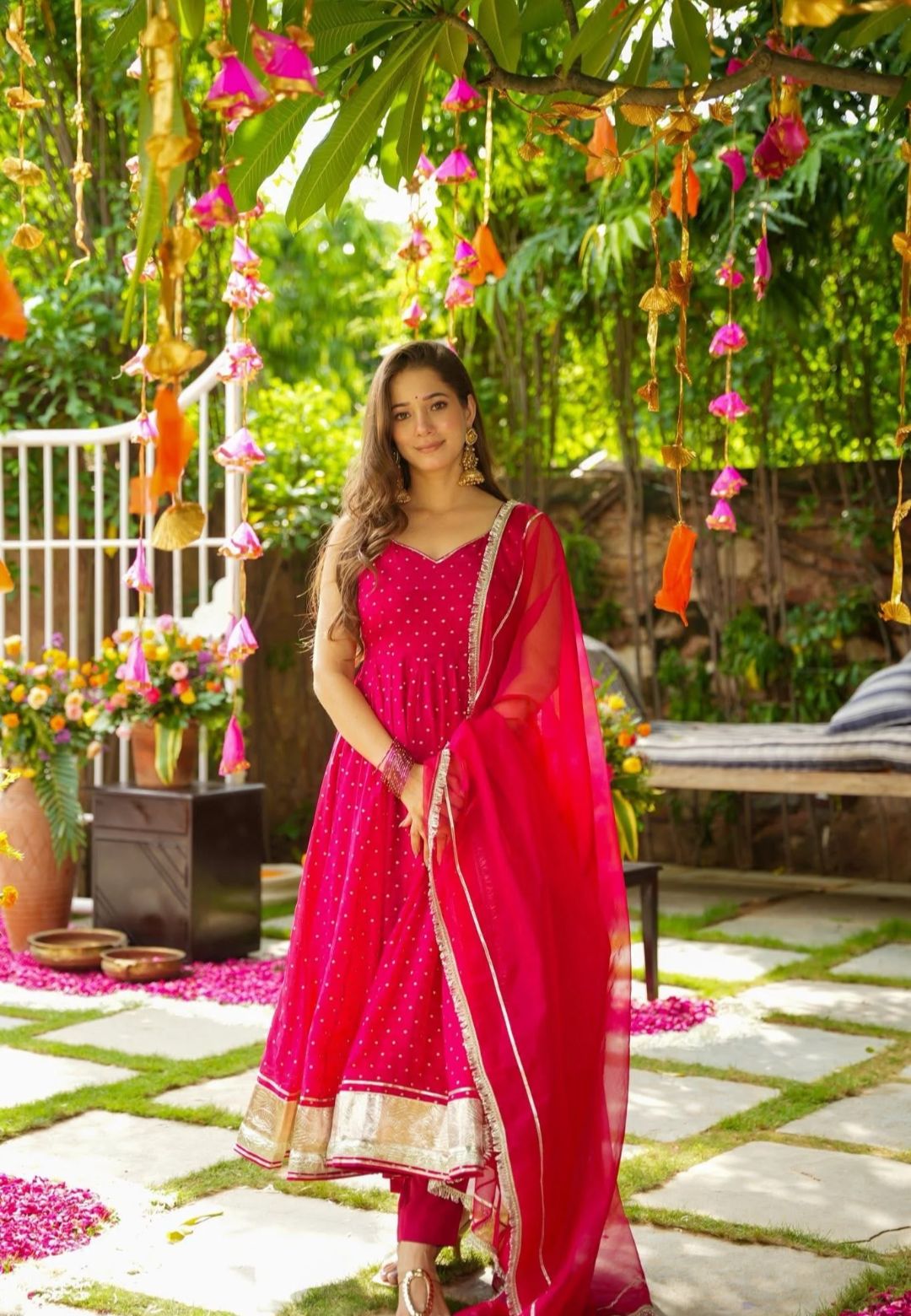 PINK PHOOLKARI SLEEVELESS ORGANZA SUIT SET
