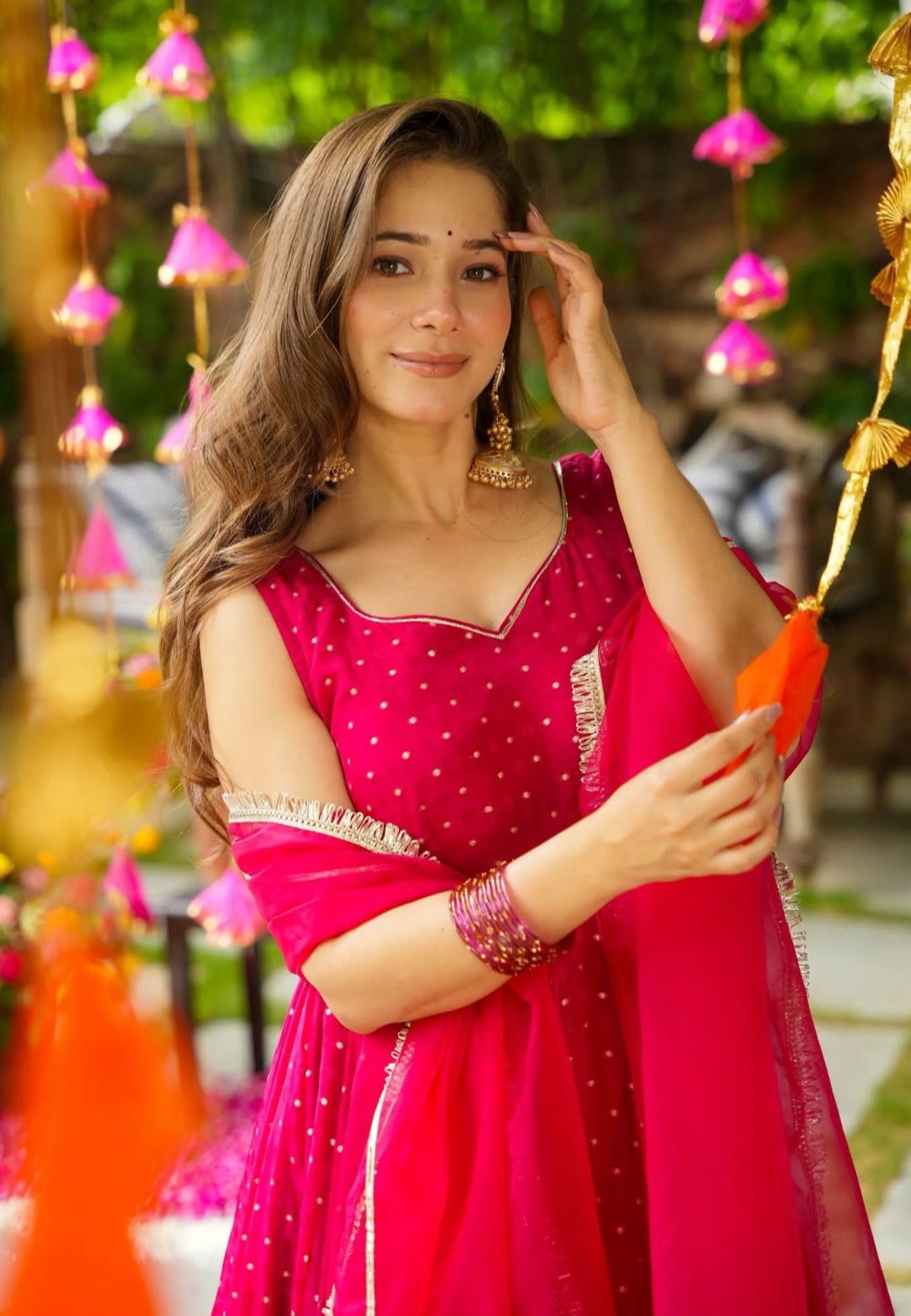 PINK PHOOLKARI SLEEVELESS ORGANZA SUIT SET
