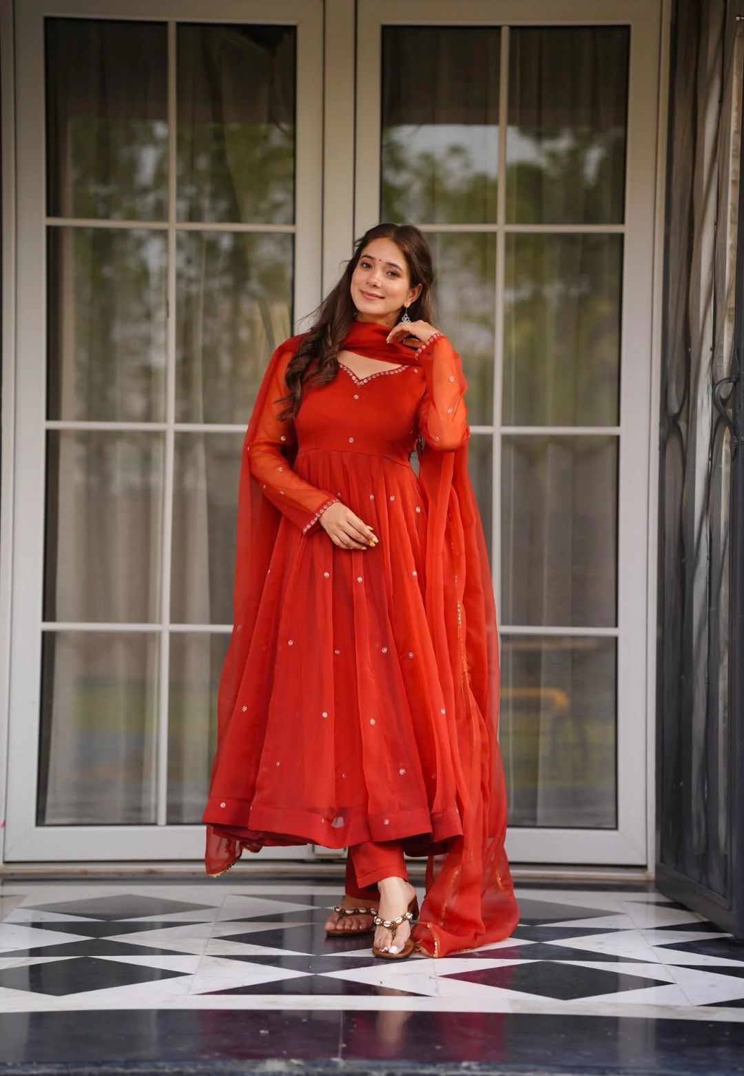 RED SAFFRON ORGANZA ANARKALI SUIT SET