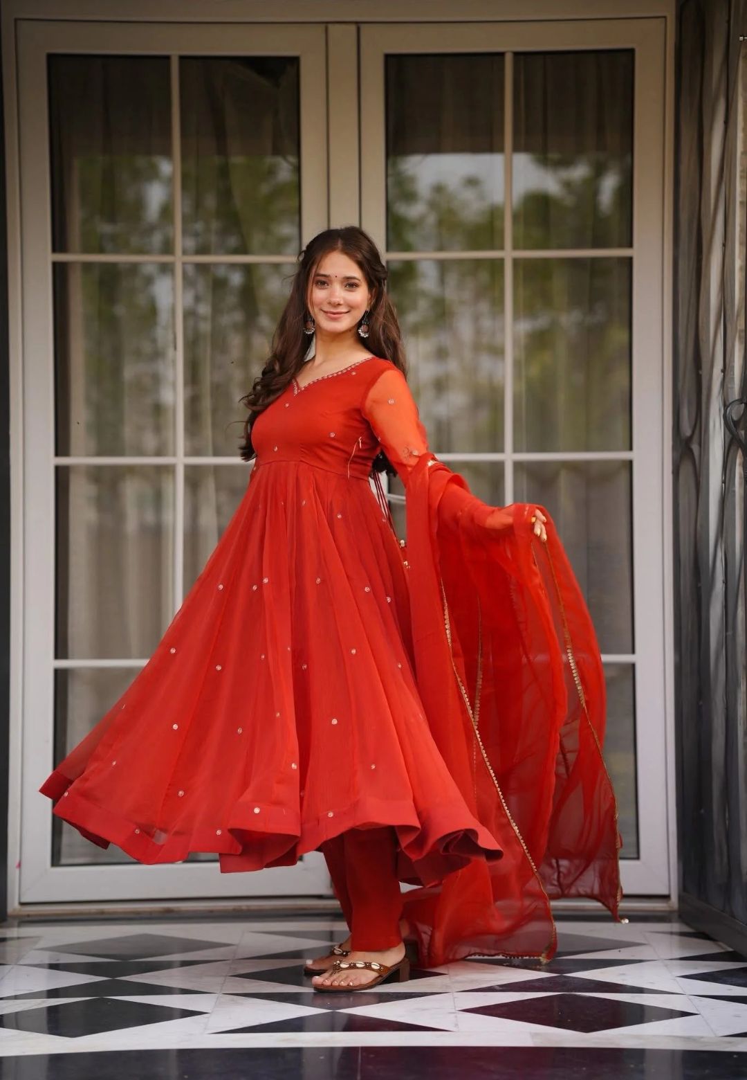 RED SAFFRON ORGANZA ANARKALI SUIT SET