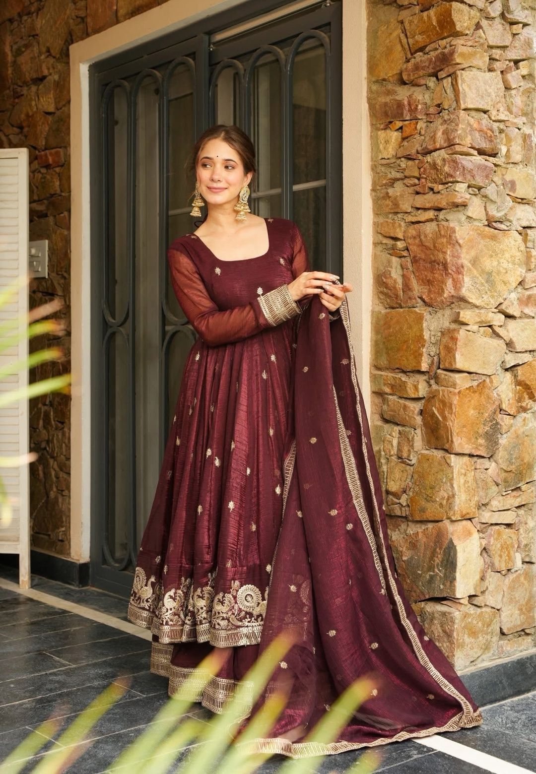 BROWN RYAL PLUM ORGANZA SHIMMER SUIT SET