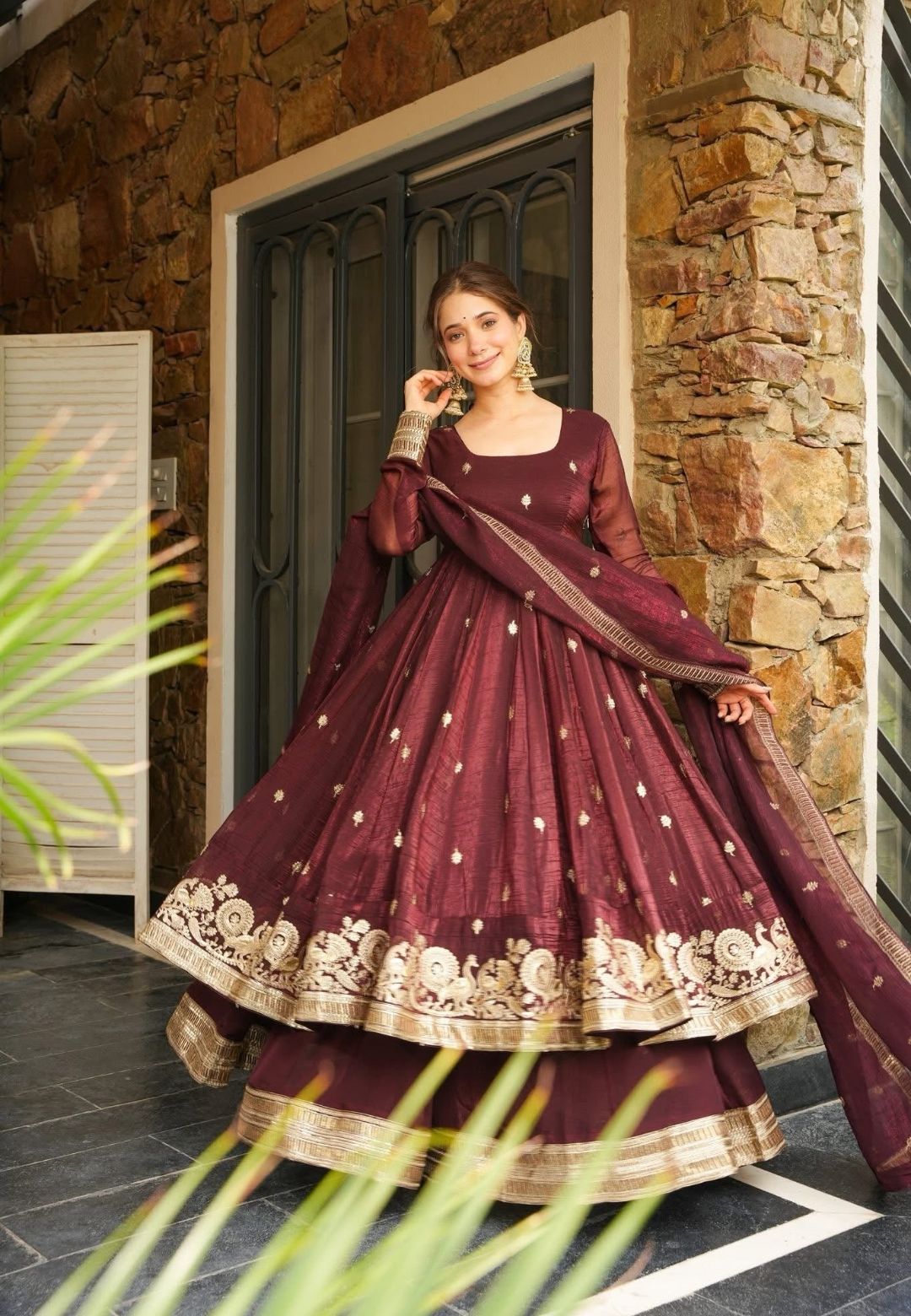 BROWN RYAL PLUM ORGANZA SHIMMER SUIT SET
