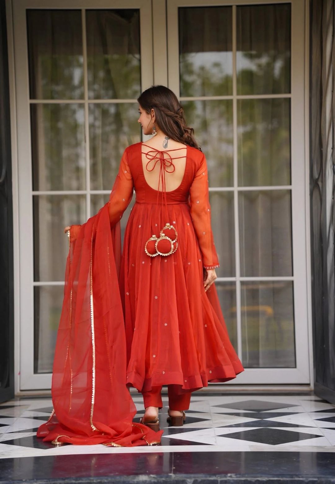 RED SAFFRON ORGANZA ANARKALI SUIT SET