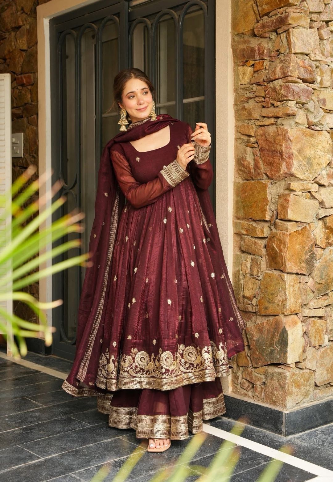 BROWN RYAL PLUM ORGANZA SHIMMER SUIT SET