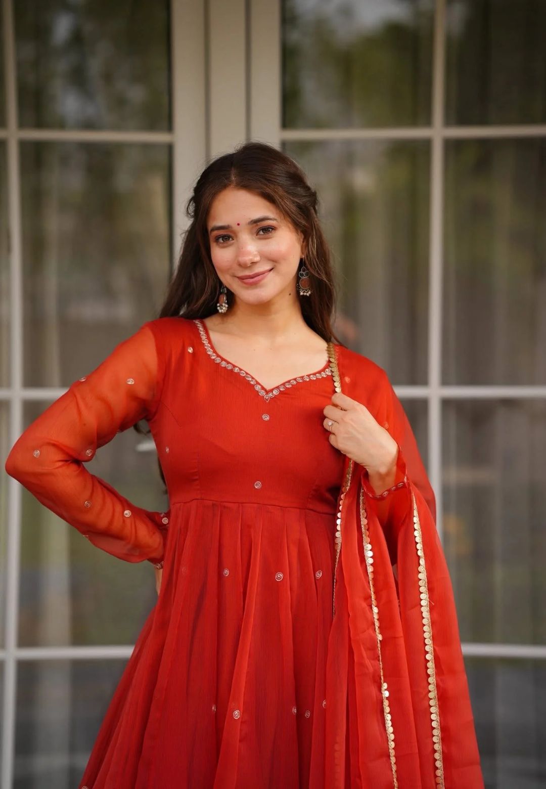 RED SAFFRON ORGANZA ANARKALI SUIT SET