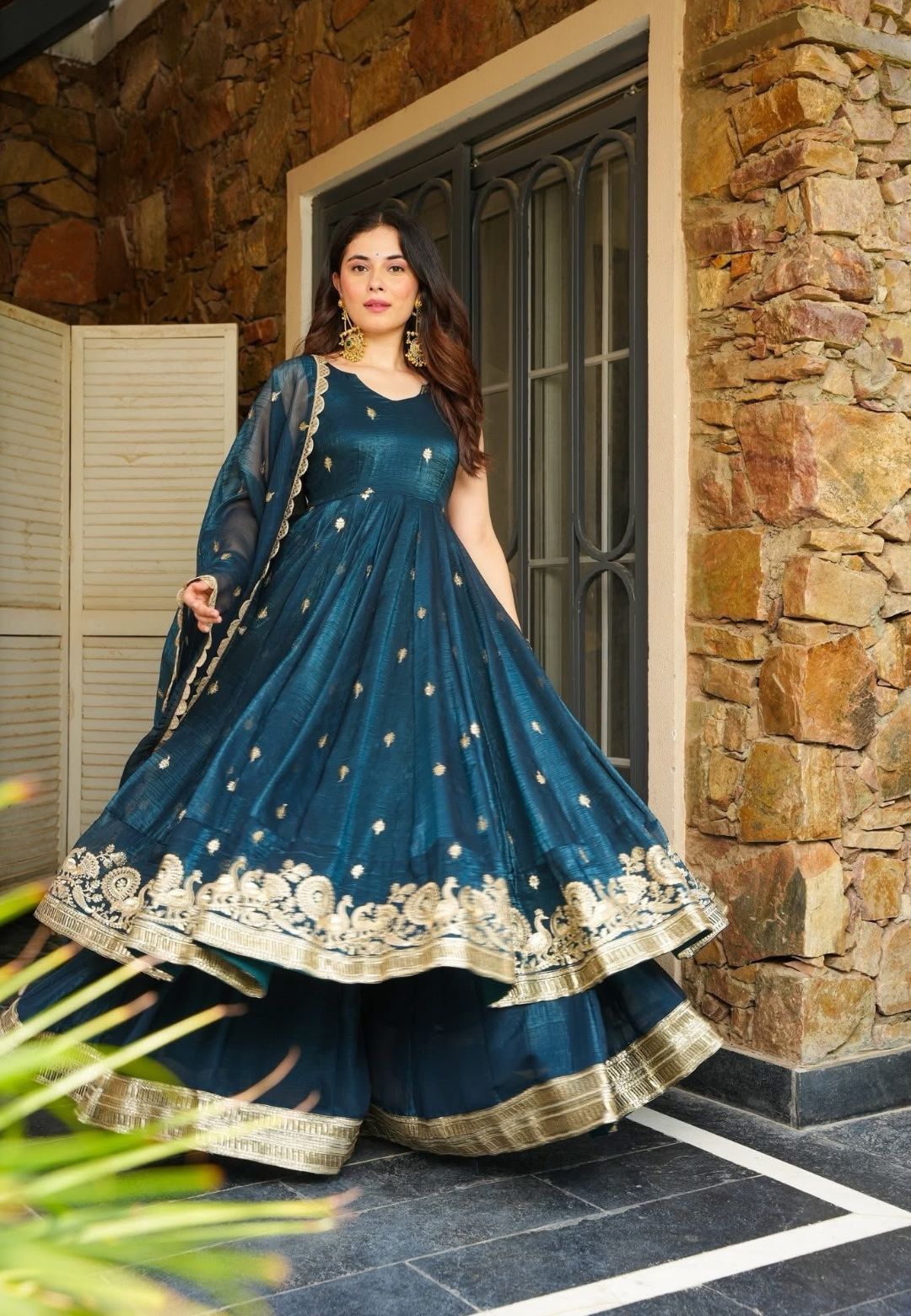 BLUE ZARKAAR ORGANZA SHIMMER SUIT SET