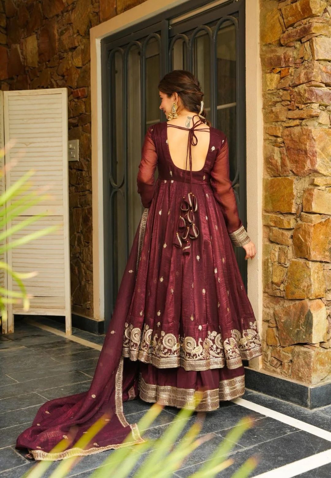 BROWN RYAL PLUM ORGANZA SHIMMER SUIT SET