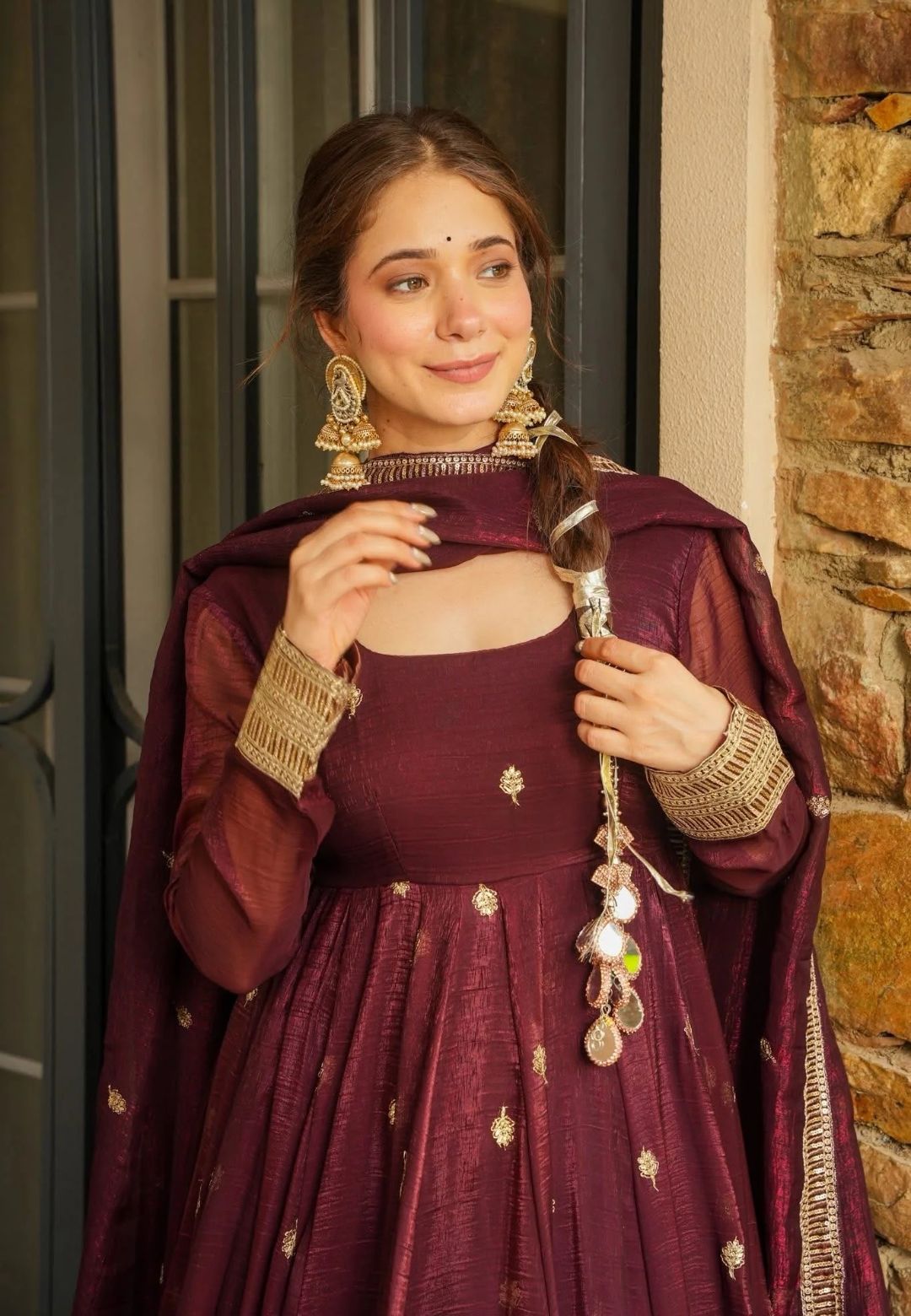 BROWN RYAL PLUM ORGANZA SHIMMER SUIT SET