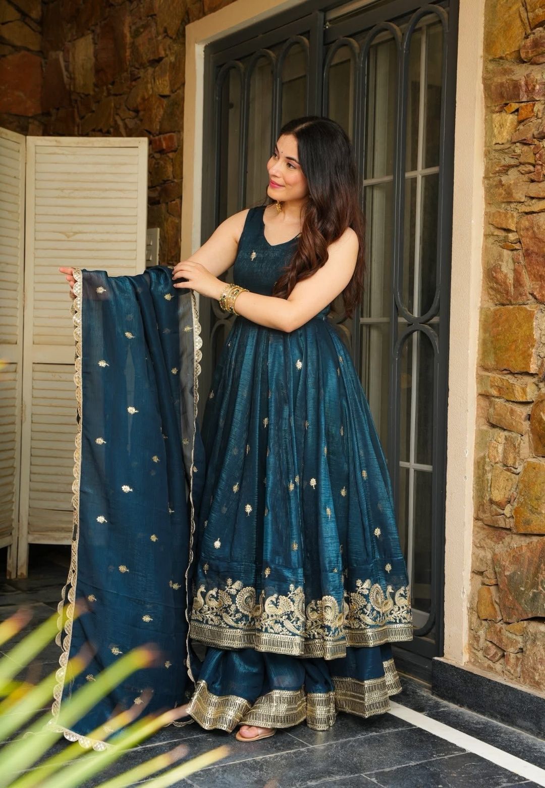 BLUE ZARKAAR ORGANZA SHIMMER SUIT SET