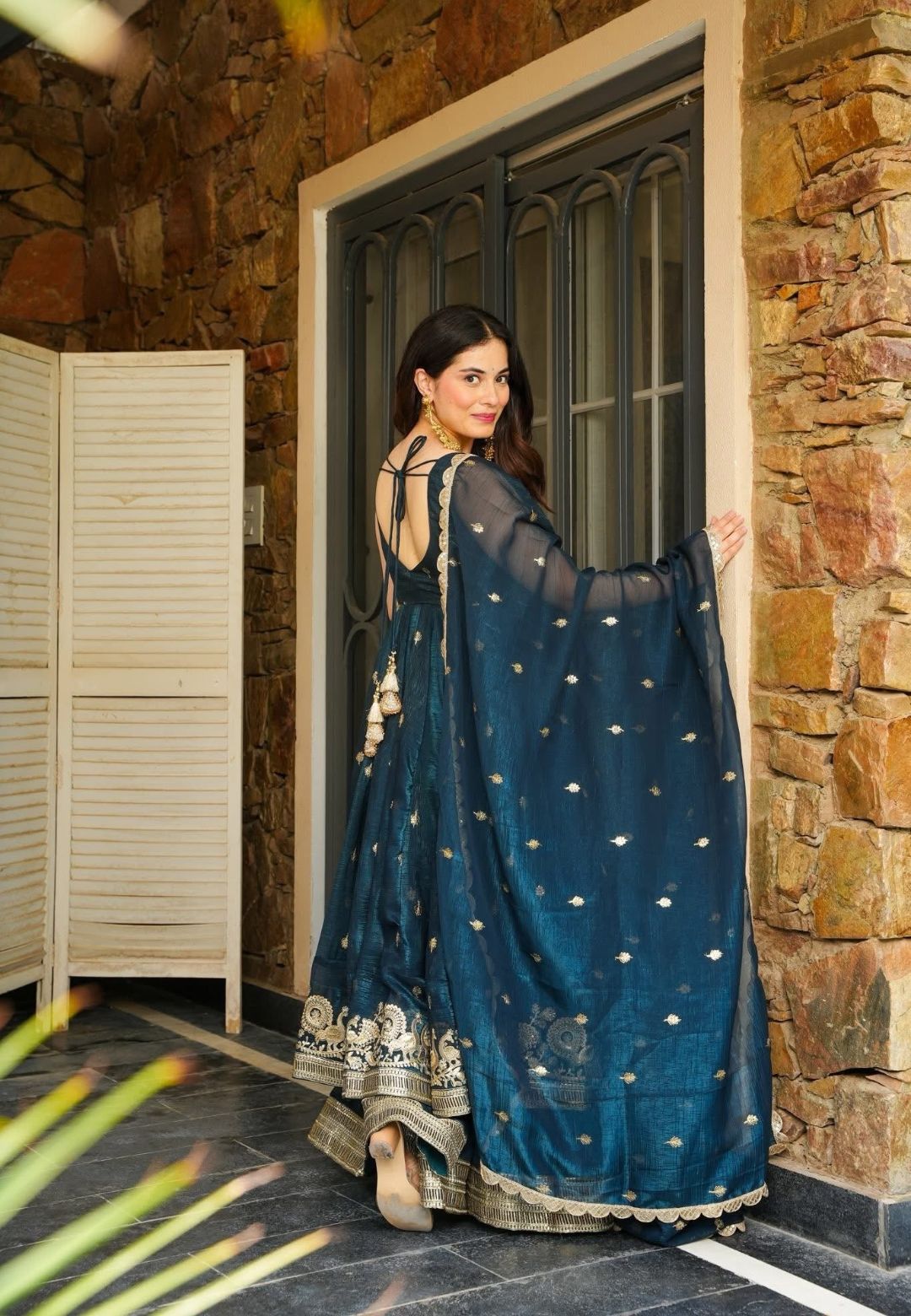 BLUE ZARKAAR ORGANZA SHIMMER SUIT SET