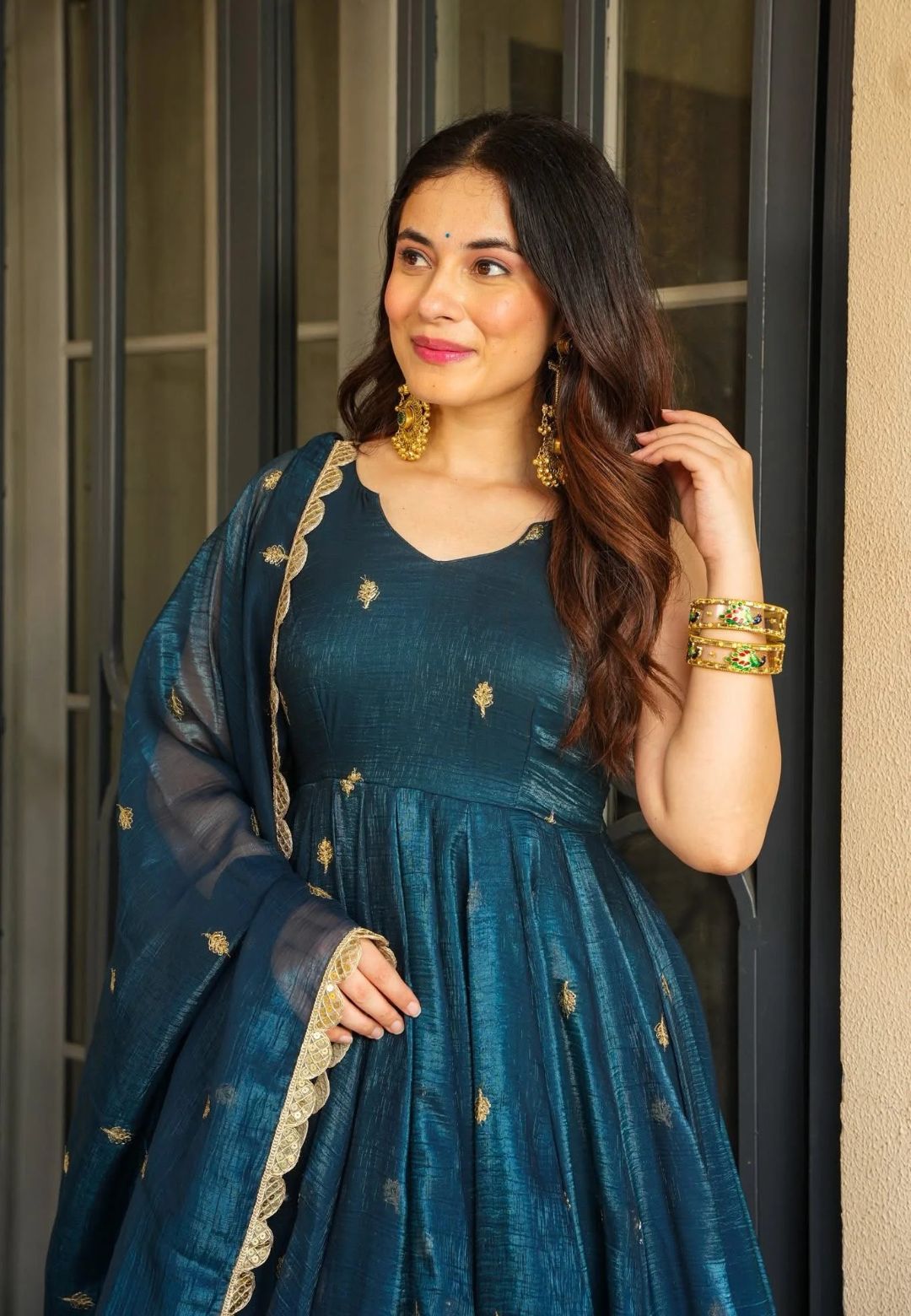 BLUE ZARKAAR ORGANZA SHIMMER SUIT SET