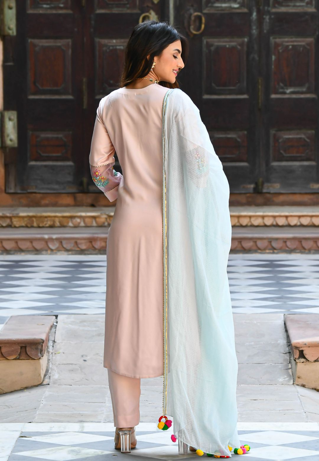 BABY BLUE PINK EMBROIDERED MUL SUIT SET