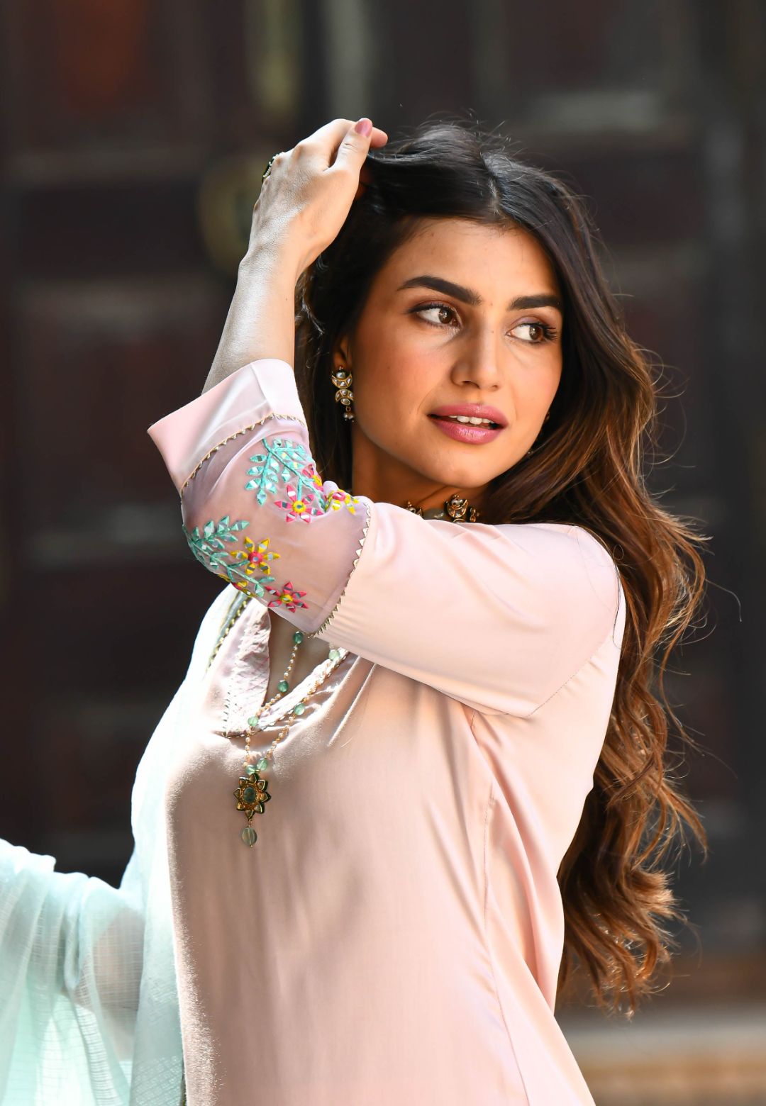 BABY BLUE PINK EMBROIDERED MUL SUIT SET