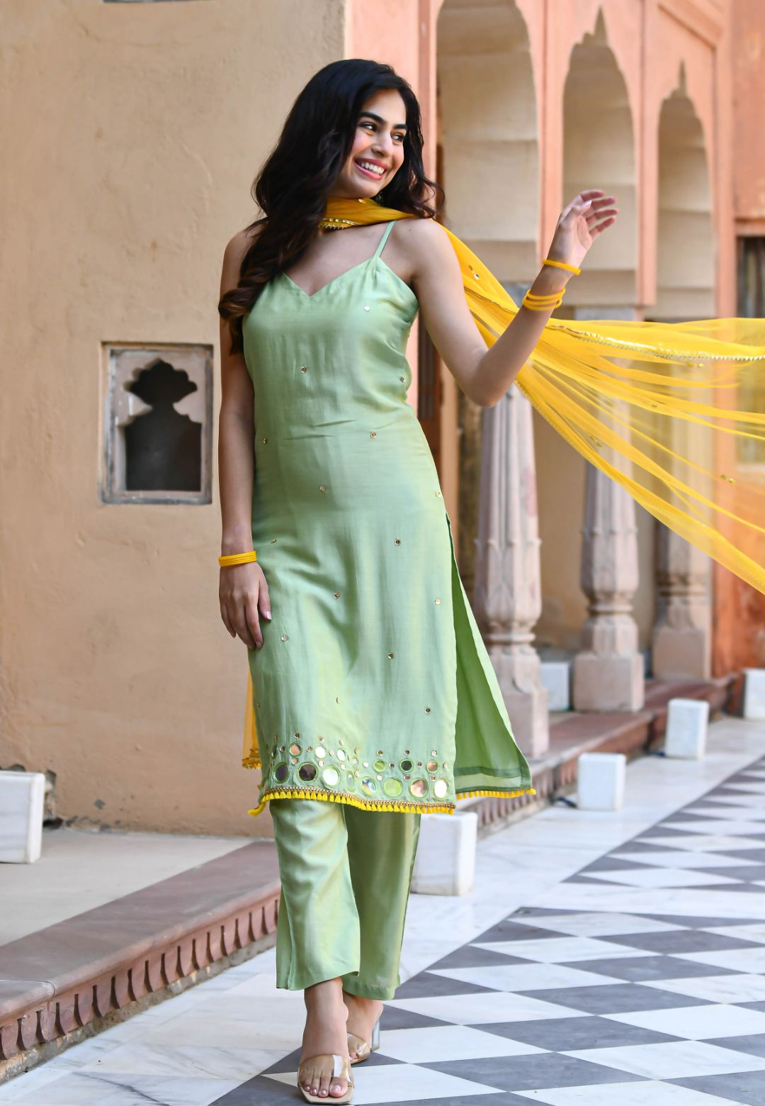 MINT GREEN YELLOW COTTON SILK SUIT SET