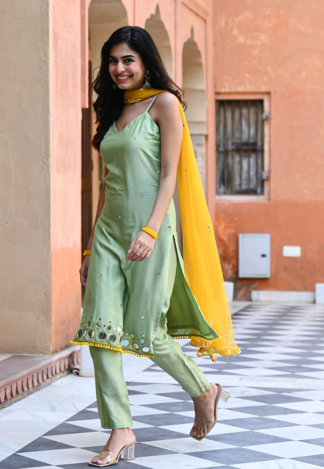 MINT GREEN YELLOW COTTON SILK SUIT SET
