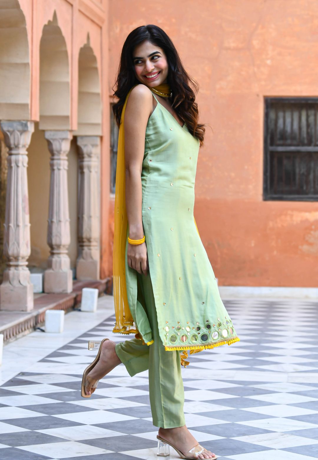 MINT GREEN YELLOW COTTON SILK SUIT SET