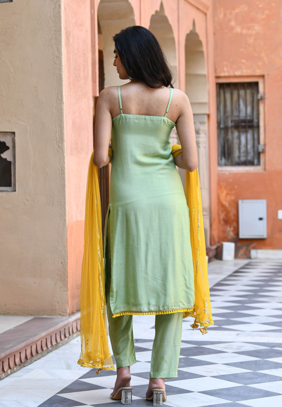 MINT GREEN YELLOW COTTON SILK SUIT SET