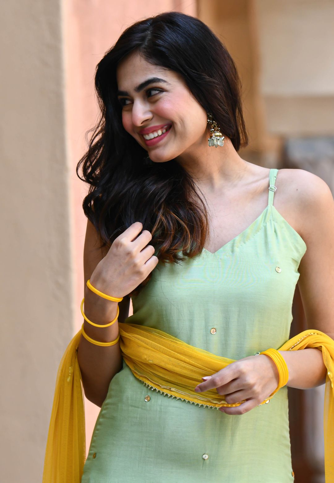 MINT GREEN YELLOW COTTON SILK SUIT SET