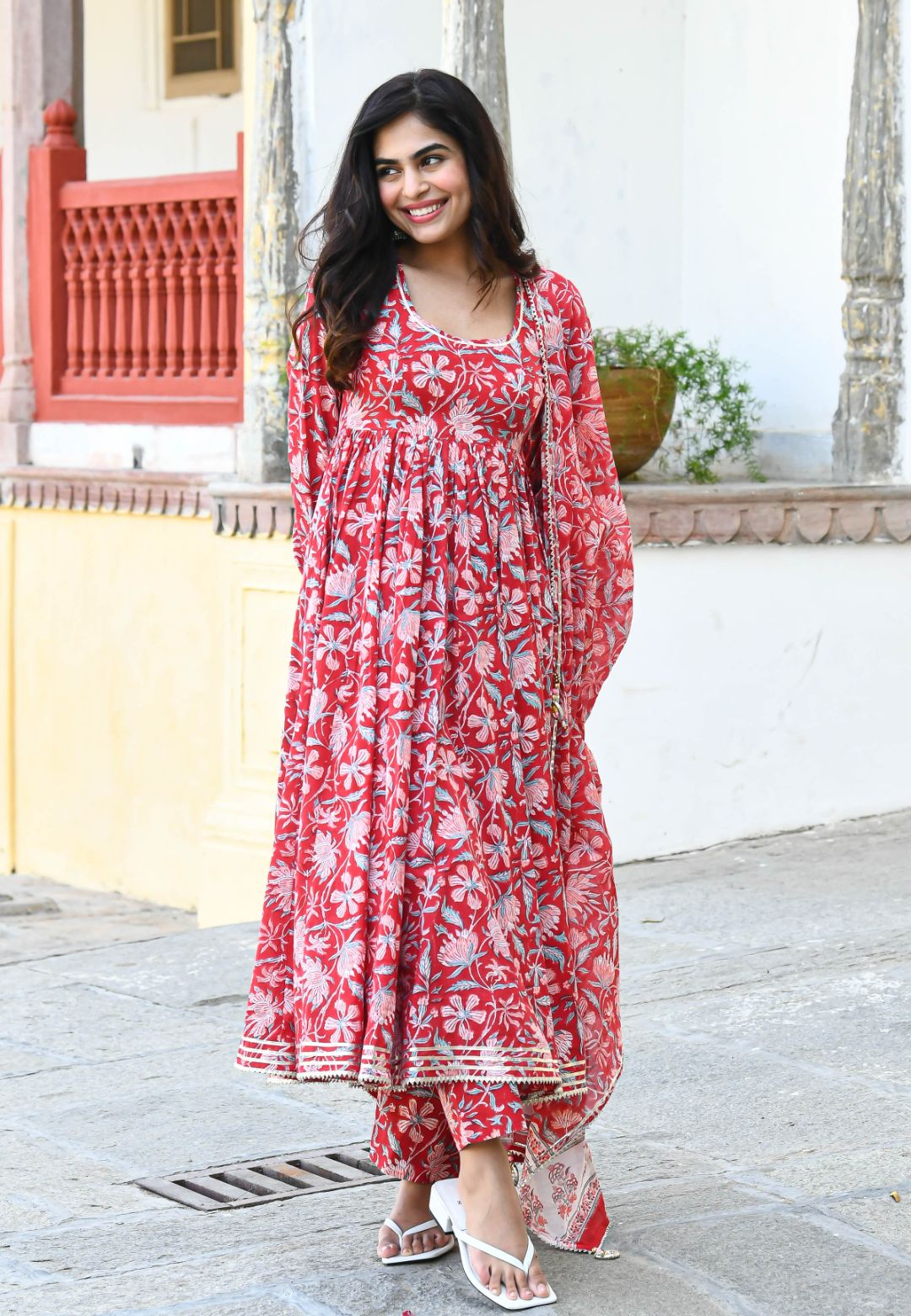 RED PINK FLORAL COTTON SUIT SET