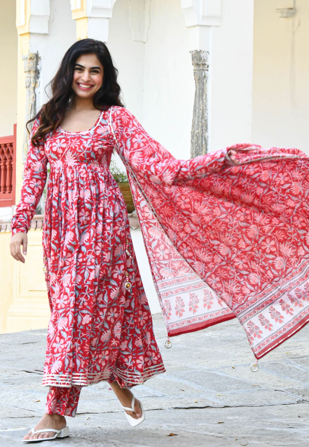 RED PINK FLORAL COTTON SUIT SET