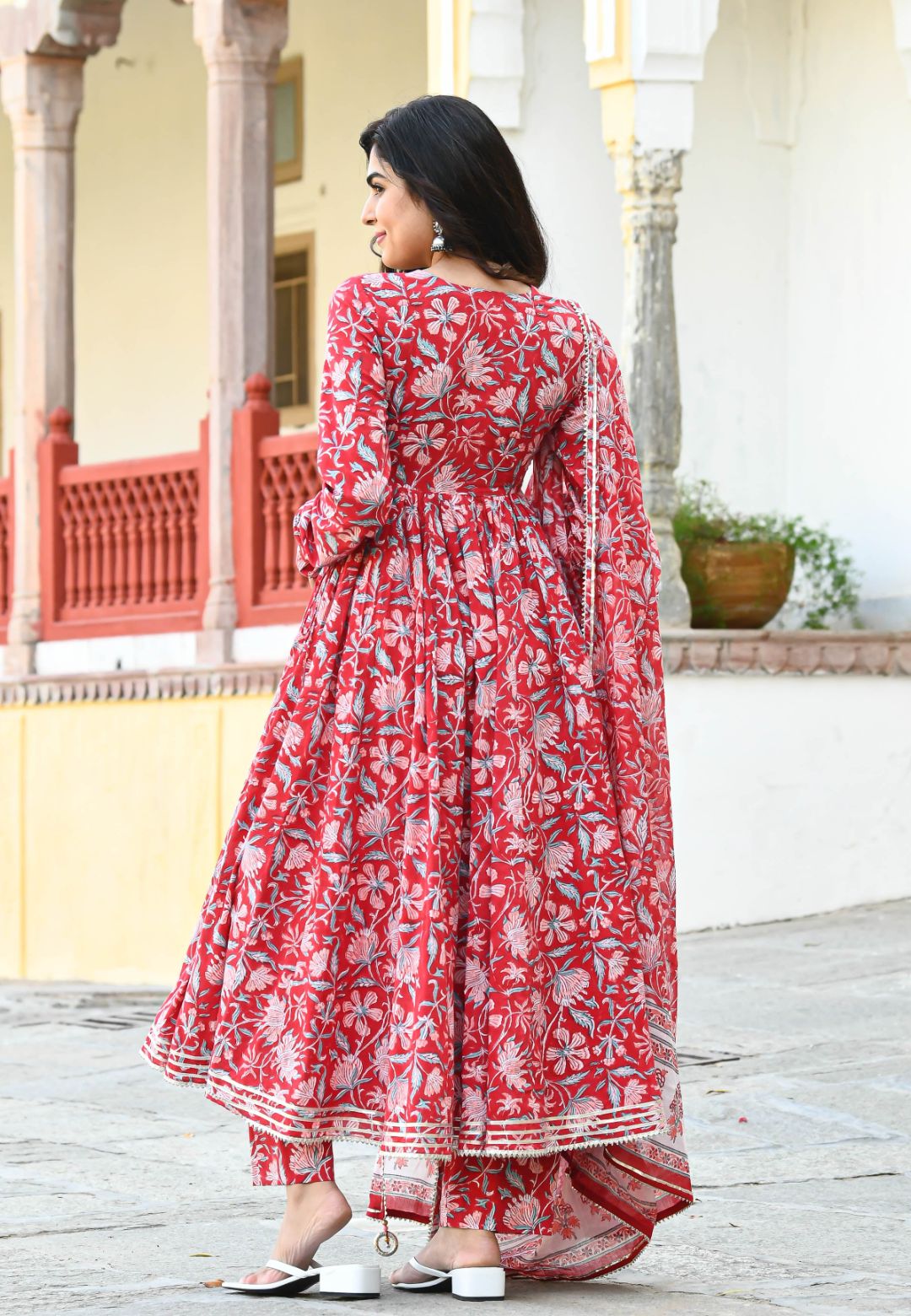 RED PINK FLORAL COTTON SUIT SET