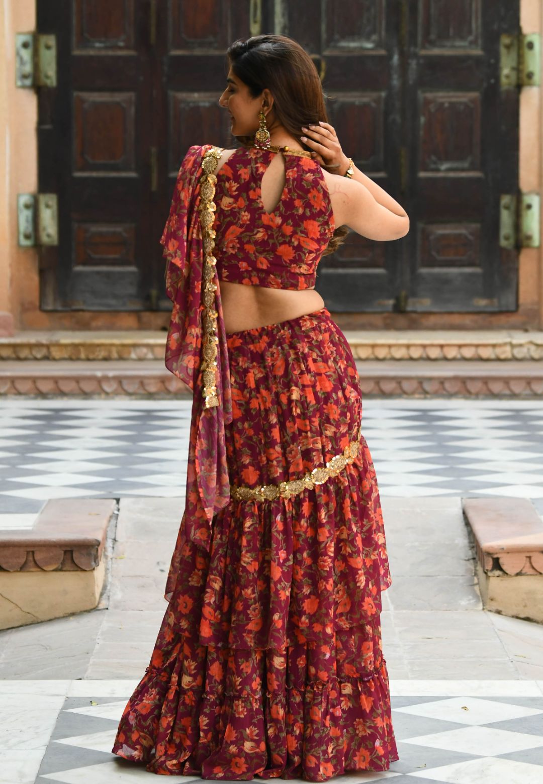 MAROON FLORAL PRE-DRAPED FUSION SAREE
