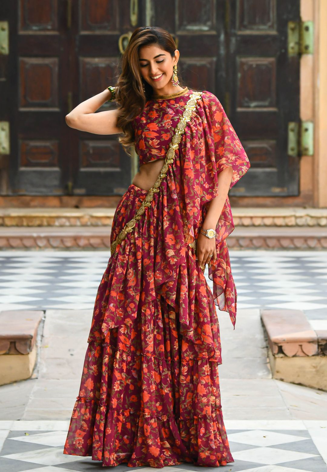MAROON FLORAL PRE-DRAPED FUSION SAREE