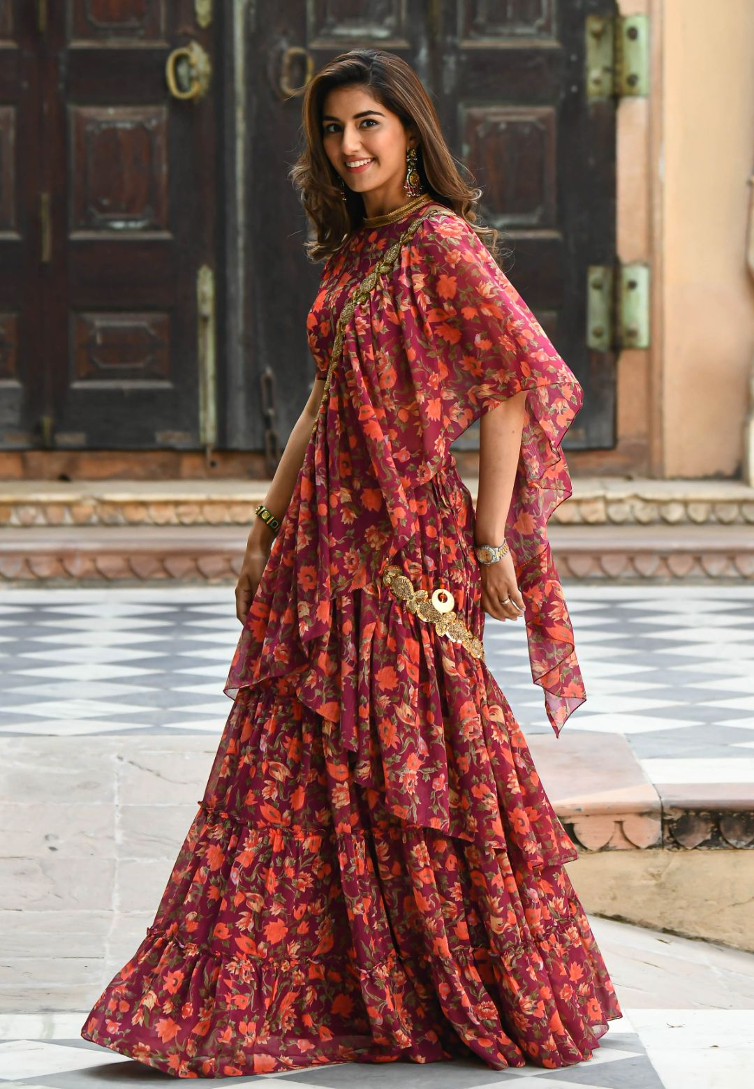 MAROON FLORAL PRE-DRAPED FUSION SAREE