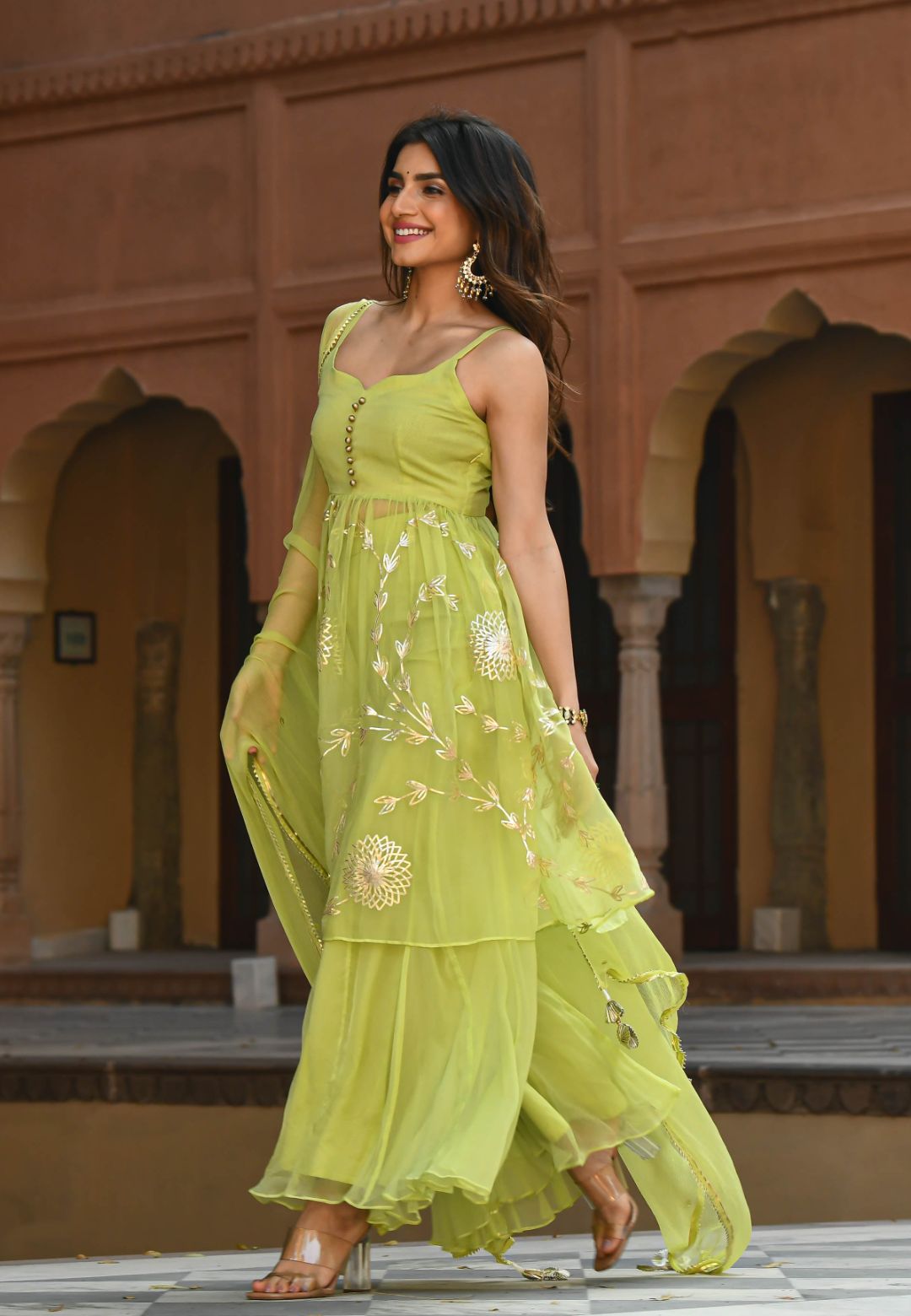 PARROT GREEN GOTA CHIFFON SHARARA SUIT SET
