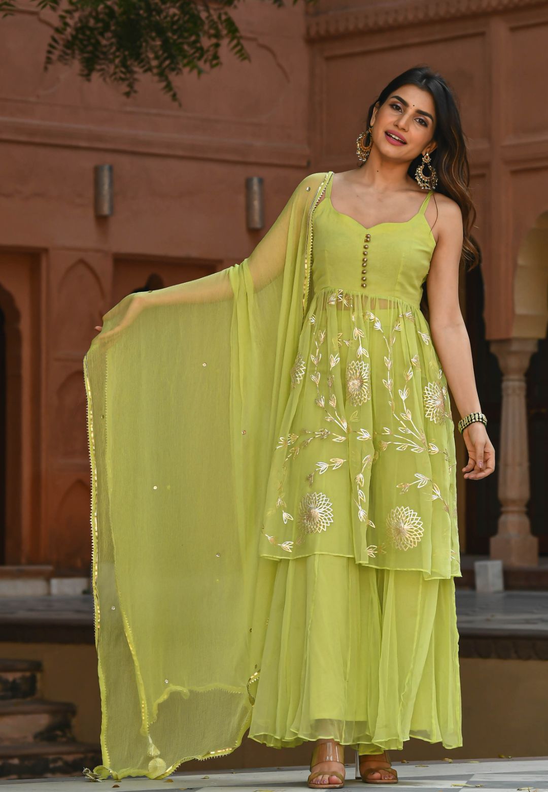 PARROT GREEN GOTA CHIFFON SHARARA SUIT SET