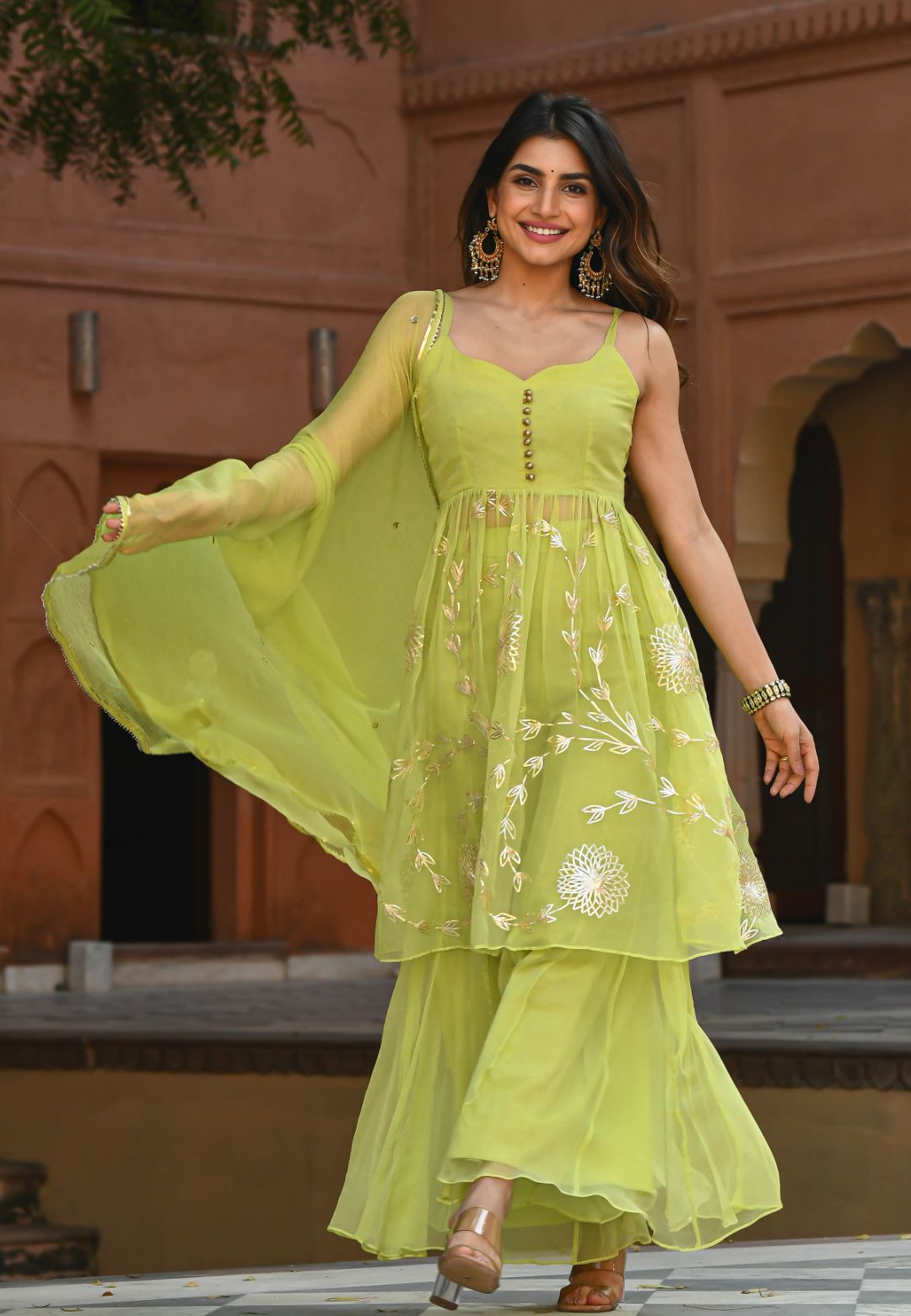 PARROT GREEN GOTA CHIFFON SHARARA SUIT SET