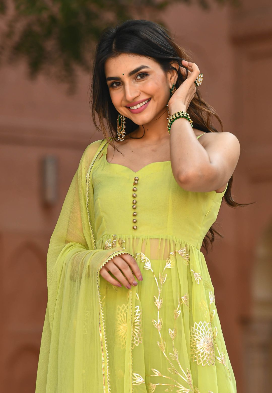 PARROT GREEN GOTA CHIFFON SHARARA SUIT SET