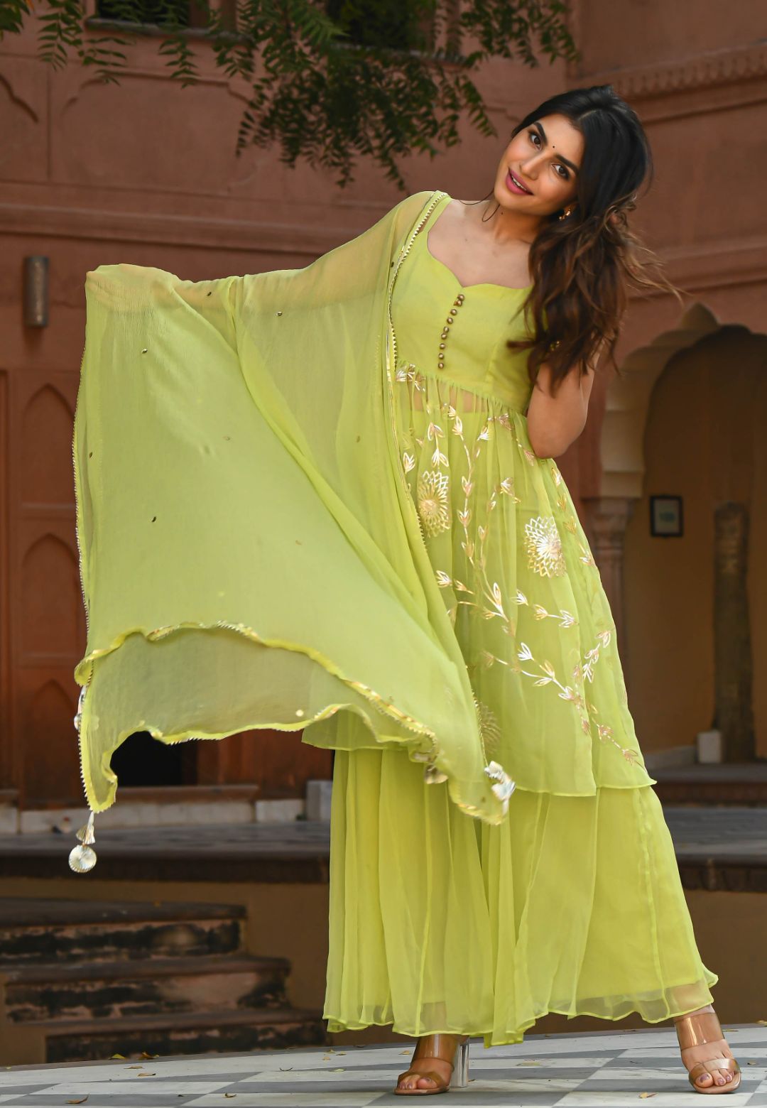 PARROT GREEN GOTA CHIFFON SHARARA SUIT SET