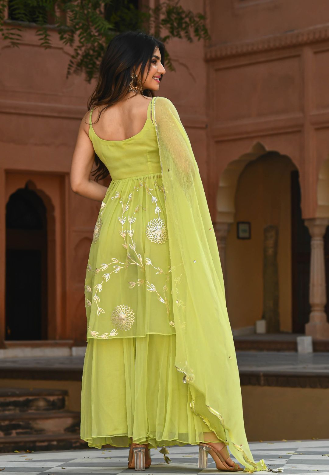 PARROT GREEN GOTA CHIFFON SHARARA SUIT SET