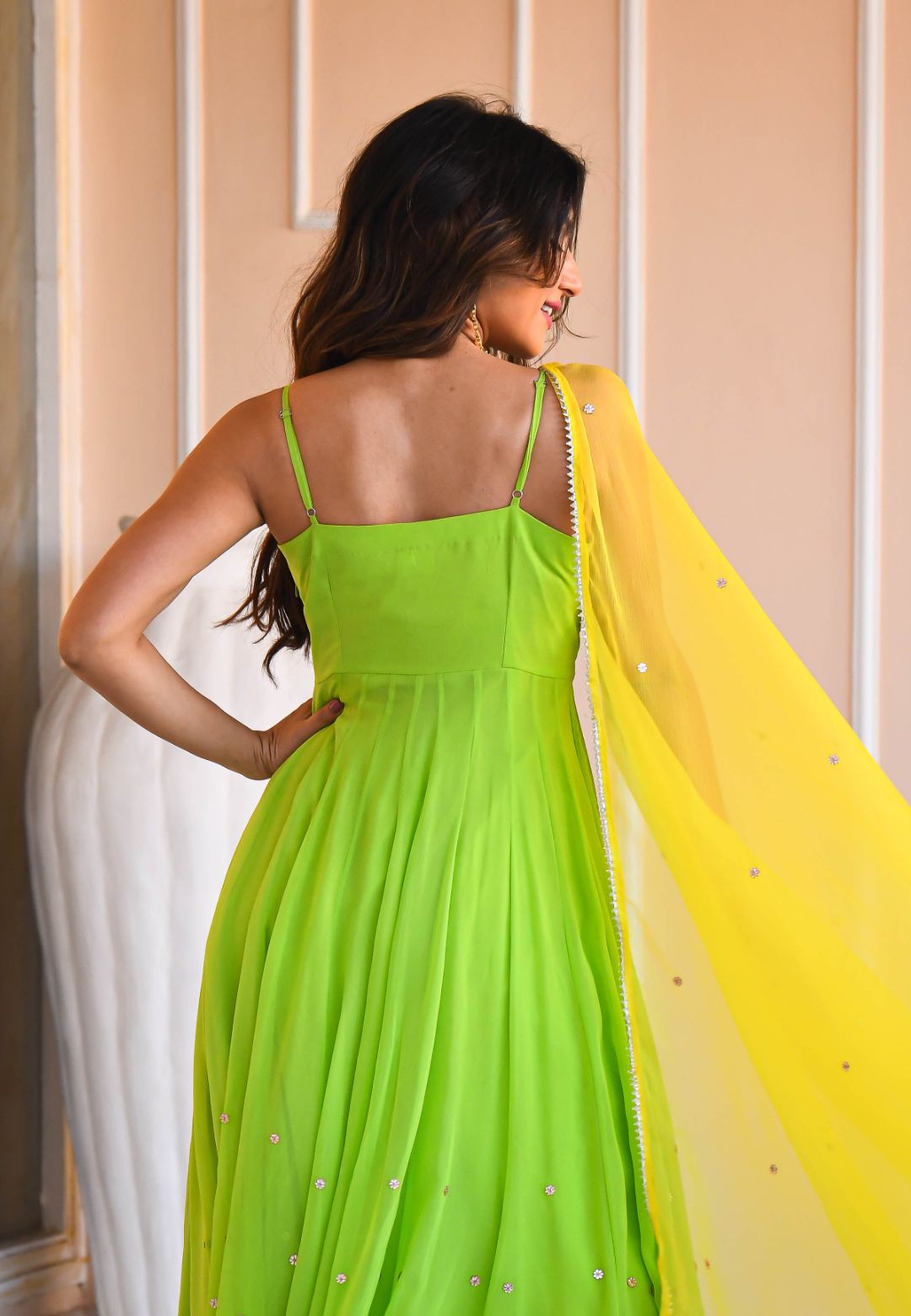 YELLOW GREEN MIRROR WORK GEORGETTE SUIT SET