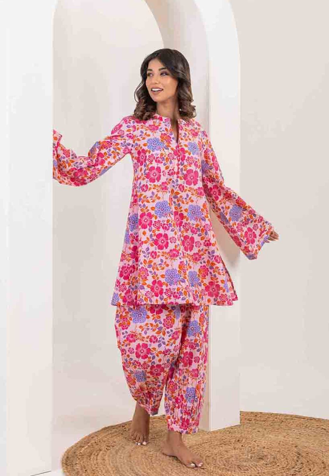 PINK FLORAL COOORD COTTON KURTA SET