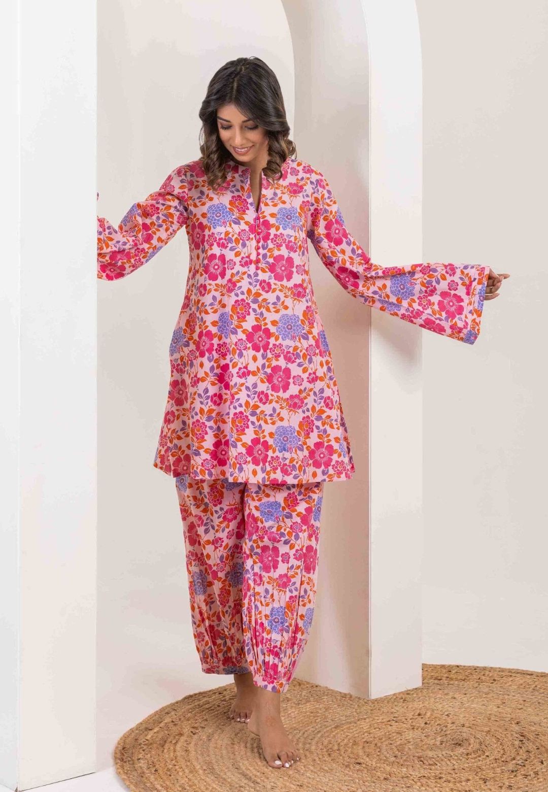 PINK FLORAL COOORD COTTON KURTA SET