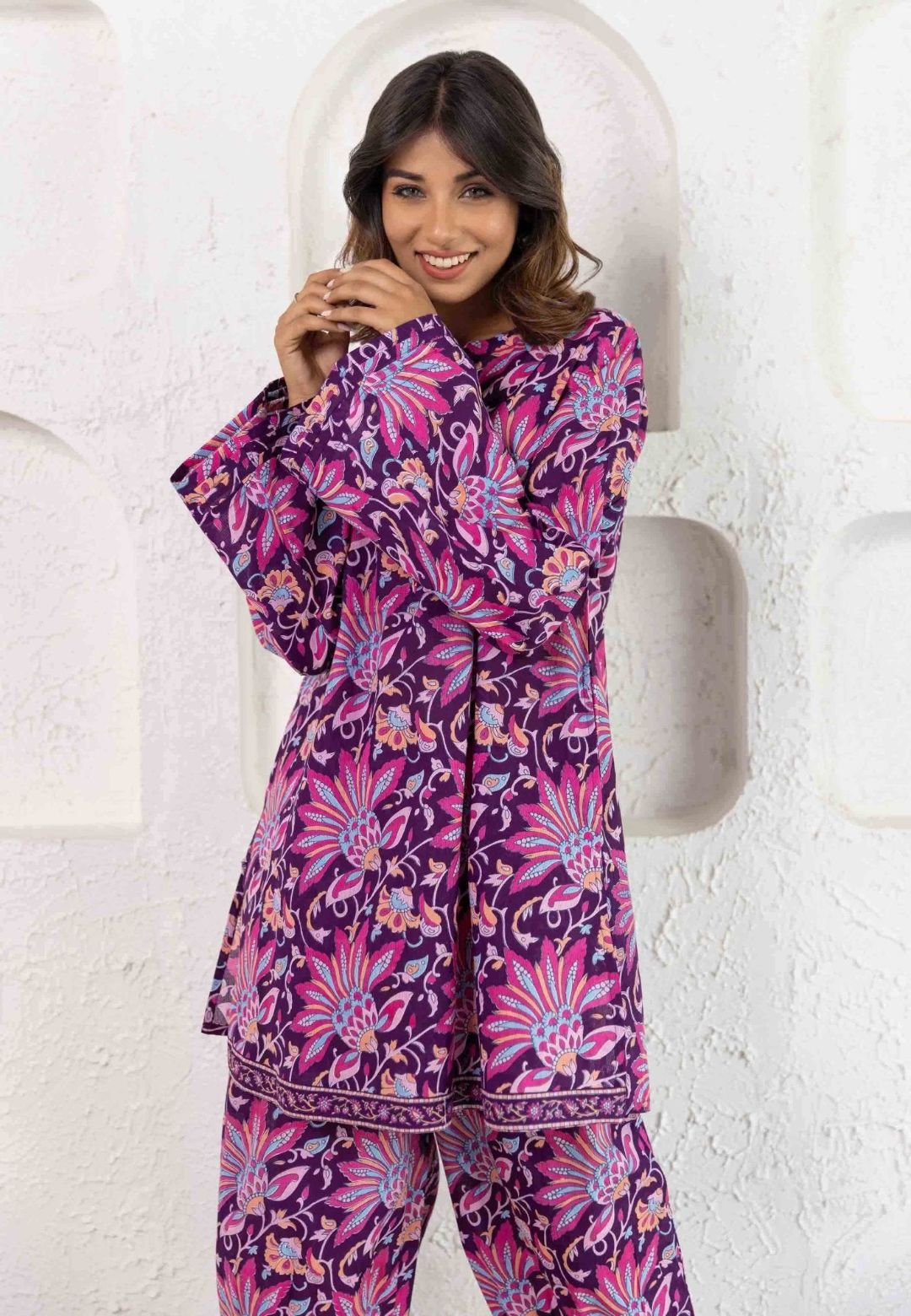 PURPLE FLORAL COOORD COTTON KURTA SET