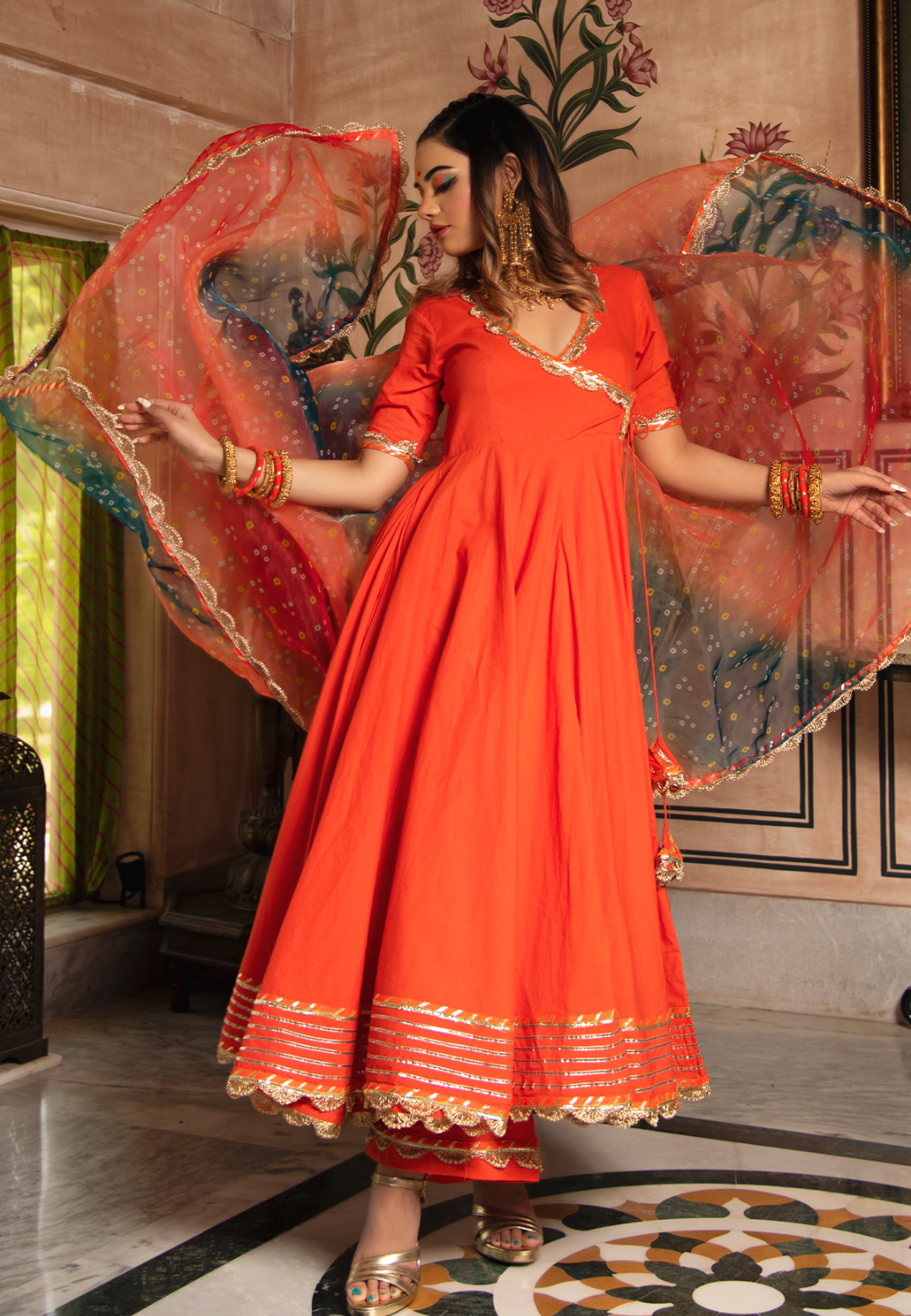 ORANGE GOTALACE COTTON ANARKALI SUIT SET