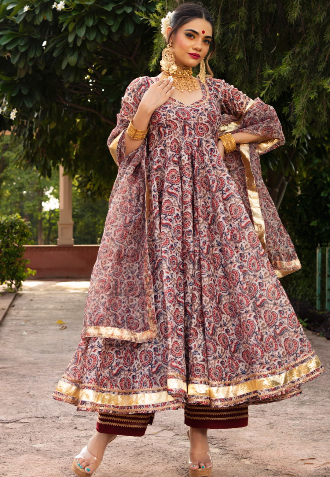 RED FLORAL CHANDERI ANARKALI SUIT SET