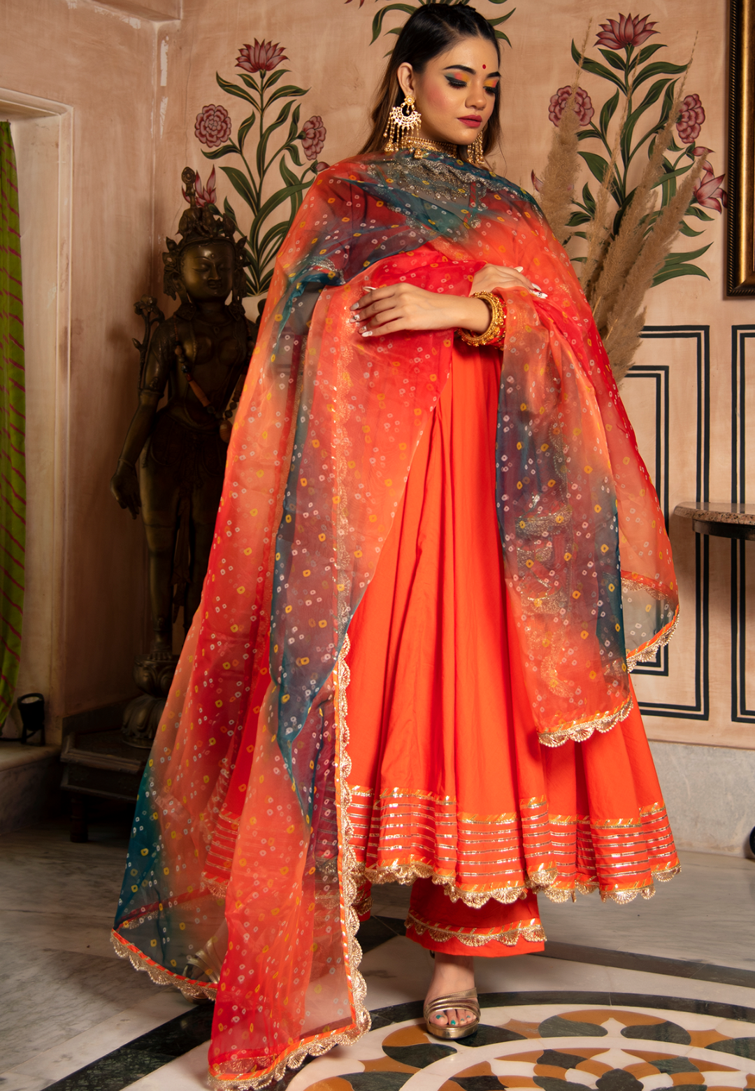 ORANGE GOTALACE COTTON ANARKALI SUIT SET