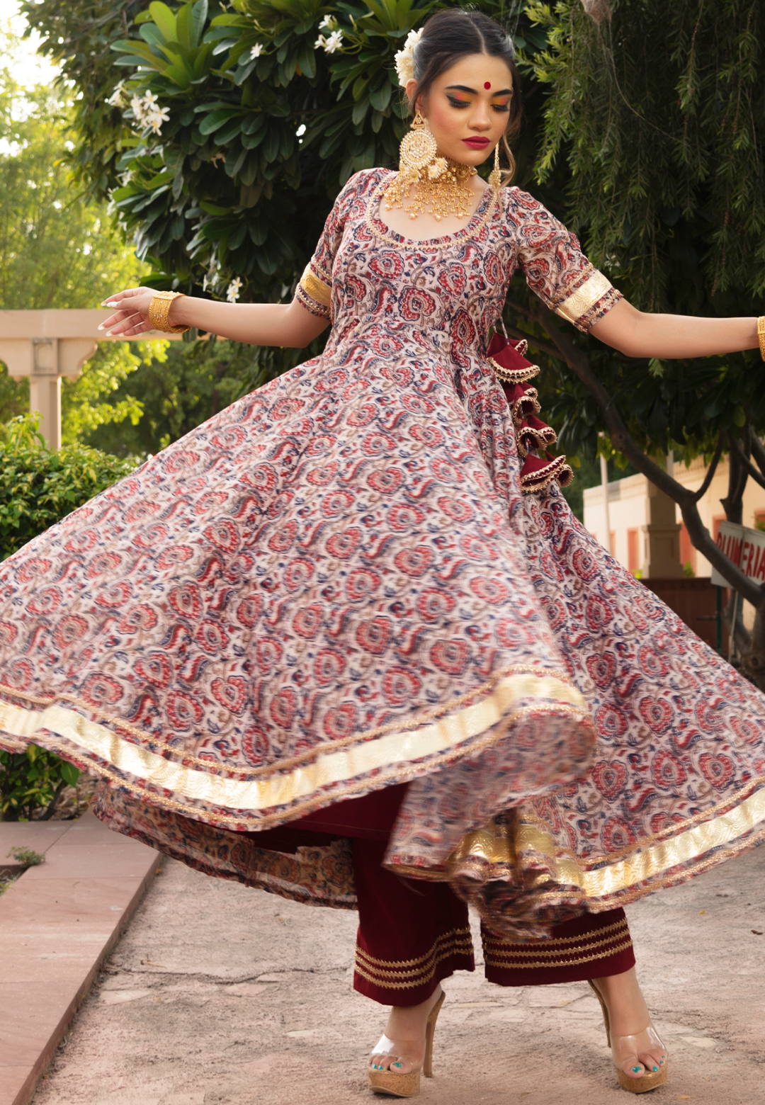 RED FLORAL CHANDERI ANARKALI SUIT SET