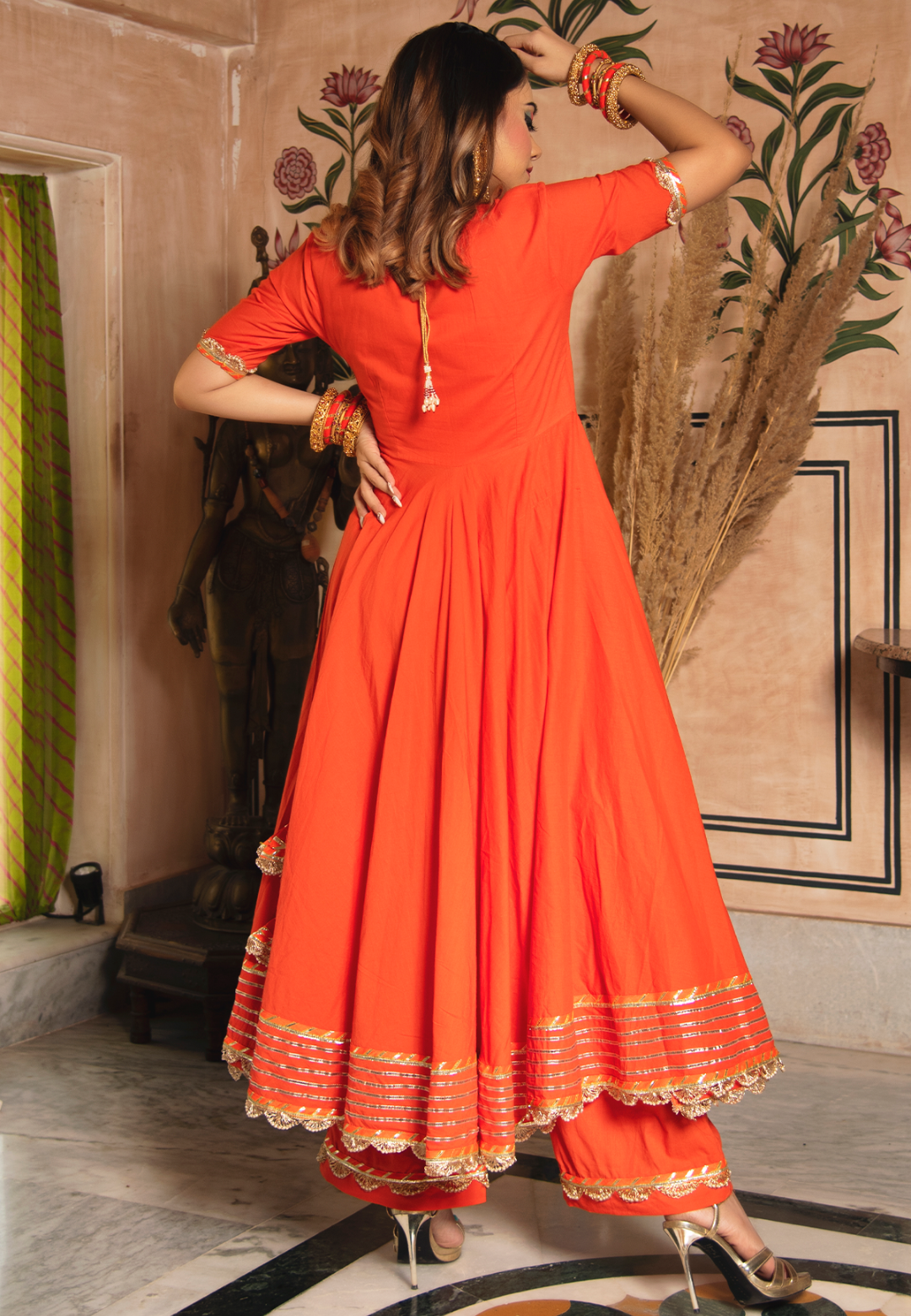 ORANGE GOTALACE COTTON ANARKALI SUIT SET