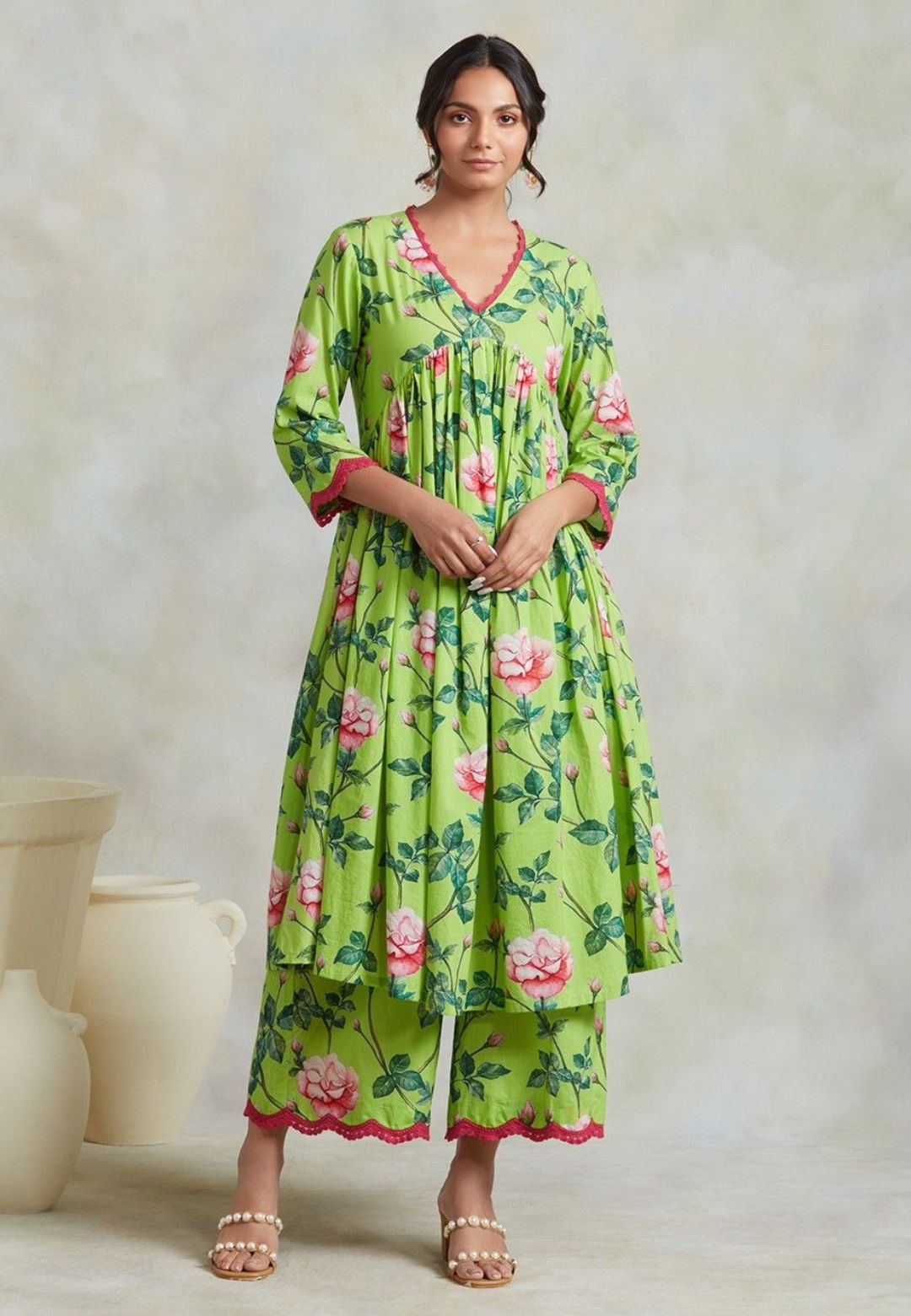 GREEN FLORAL COTTON GATHERED SUIT SET